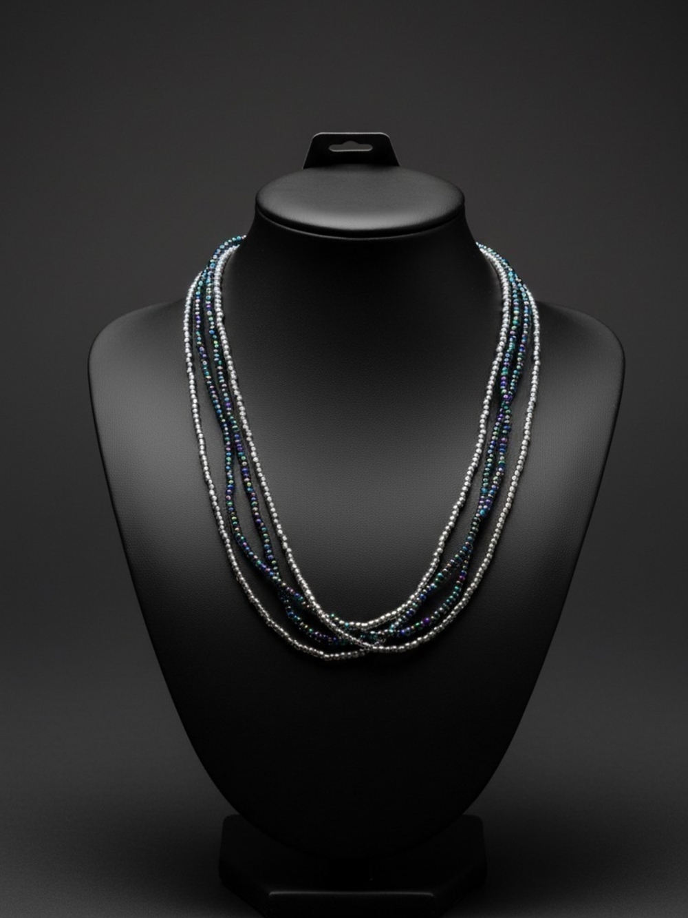Iridescent Blue-Green and Silver Multi-Strand Beaded Necklace